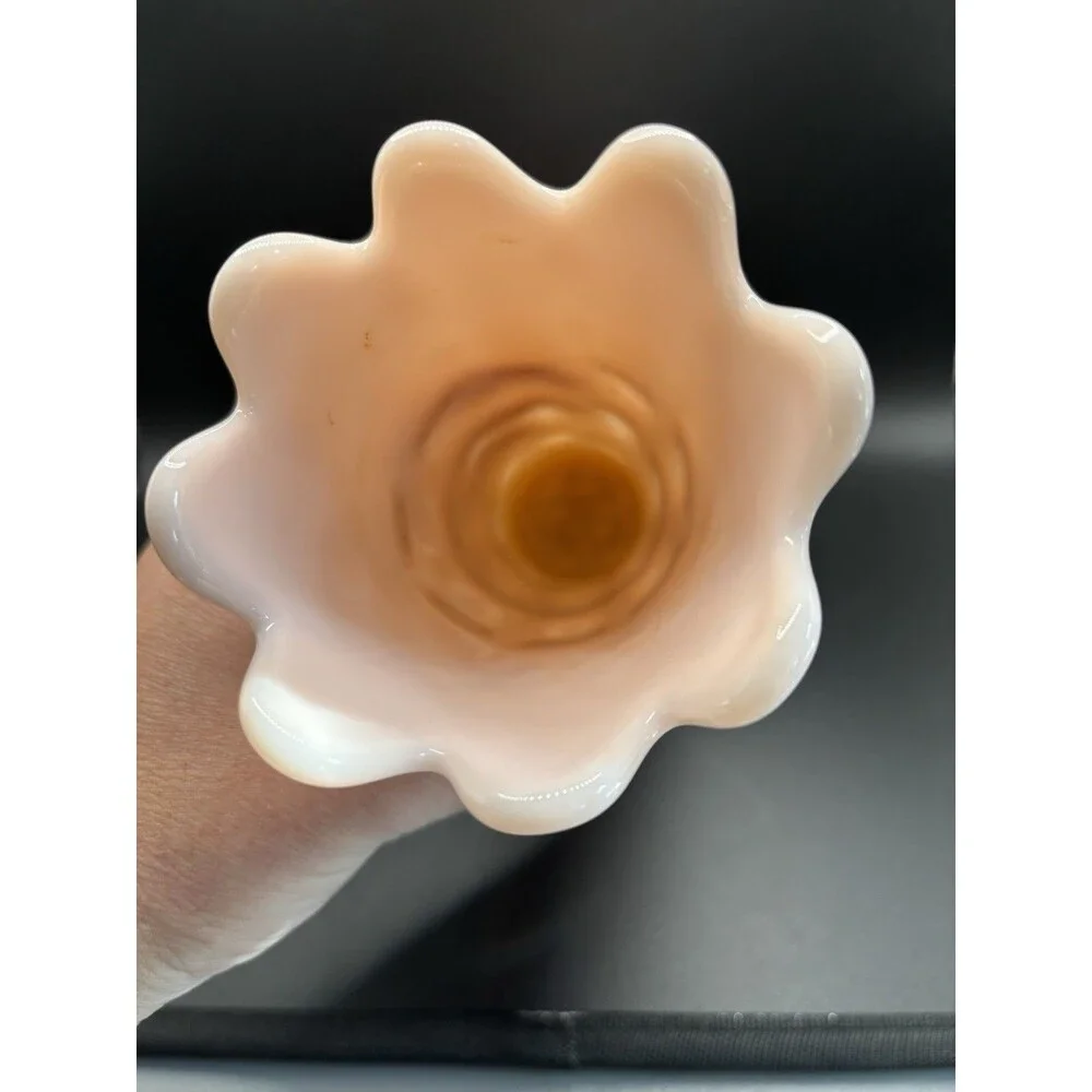 MCM Rare 1950's Fostoria 9.5” Tall FRISCO Peach Light Pink Milk Glass Swung Vase